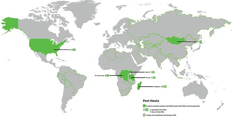Weltkarte, die die aktuelle Ausbreitung der Pest darstellt (Quelle: WHO)